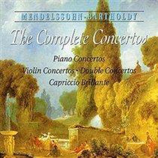 CD-hoes met "The Complete Concertos" van Mendelssohn-Bartholdy, met een schilderij van een klassiek landschap.