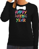 Happy new year sweater / trui met vlinderstrikje voor oud en nieuw voor dames - zwart - Nieuwjaarsborrel kleding 2XL
