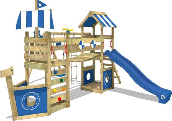 WICKEY speeltoestel klimtoestel StormFlyer met schommel & blauwe glijbaan, outdoor kinderklimtoren met zandbak, ladder & speelaccessoires voor de tuin