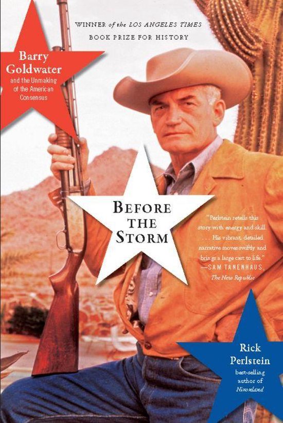 Couverture du livre "Before the Storm" avec Barry Goldwater portant un chapeau de cowboy et une veste, tenant un fusil.