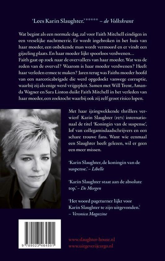 Achterflap van een boek met recensies, een foto van Karin Slaughter en ISBN-nummer.