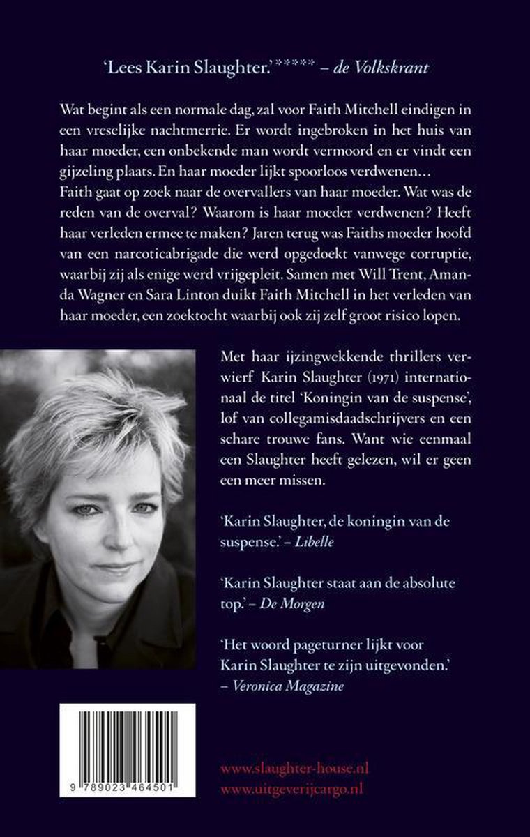 Achterflap van een boek met recensies, een foto van Karin Slaughter en ISBN-nummer.