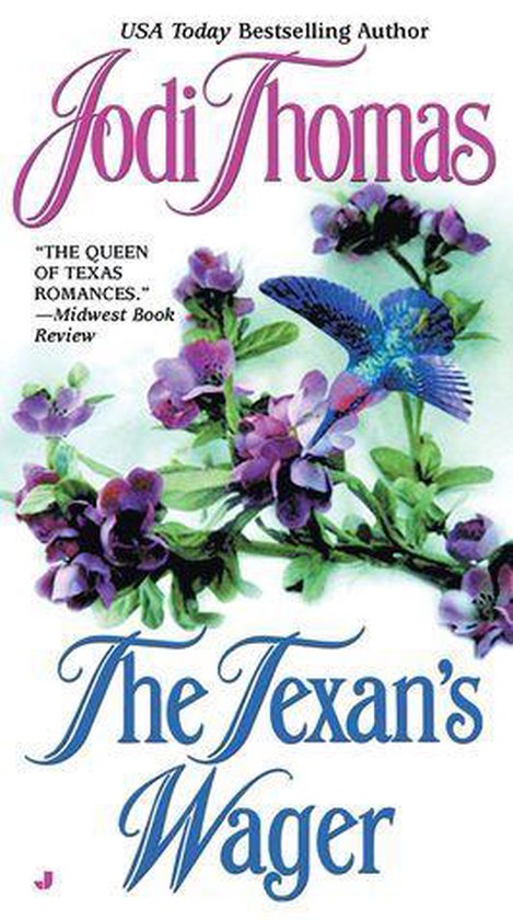 Boekomslag met de titel 'The Texan's Wager' door Jodi Thomas, met een blauwe vogel en paarse bloemen.