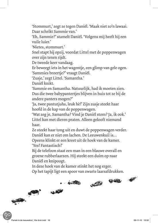 Tekst uit het boek, met beschrijvingen van een speelgoedwagen en voetafdrukken op het tapijt.
