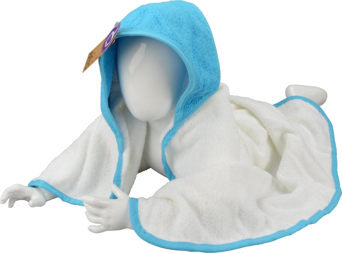 ARTG® Babiezz - Babycape - Baby Badcape - Kraamkado - 75 x 75 cm - Wit / Zeeblauw Licht Blauw Capuchon en Rand- 100% Katoen - WHITE / AQUA BLUE