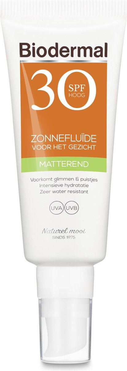 Biodermal Zonnebrand - Matterende Zonnefluïde voor het gezicht SPF 30 - 40ml - Voorkomt glimmen en