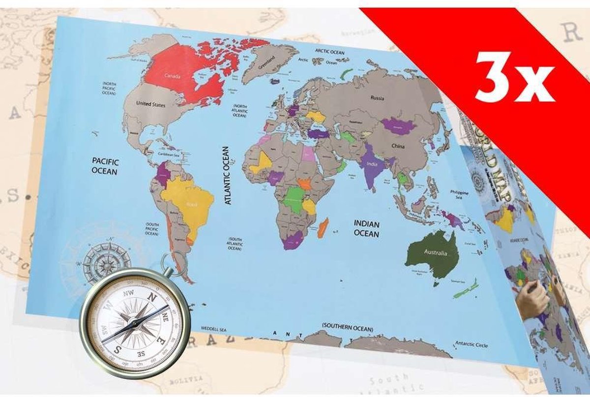 Krasposter Wereldkaart Scratch map World 3 Stuks