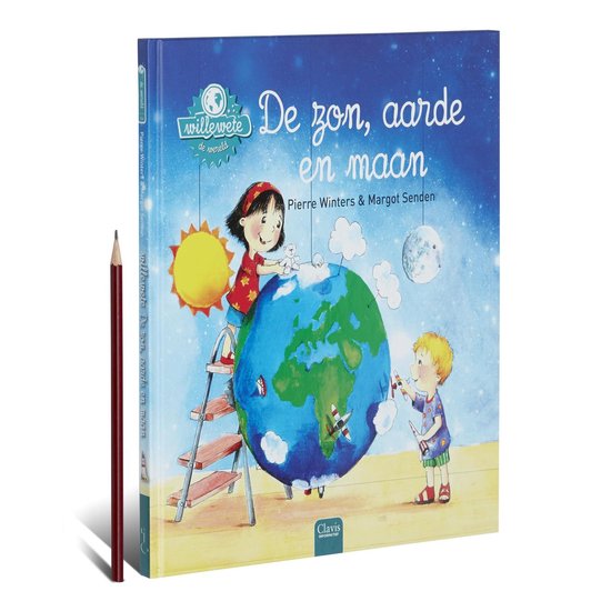 Boek 'De zon, aarde en maan' naast een potlood. Op de voorkant klimmen kinderen op de aarde.