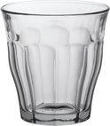 Un verre à eau transparent et givré, avec des côtes verticales.