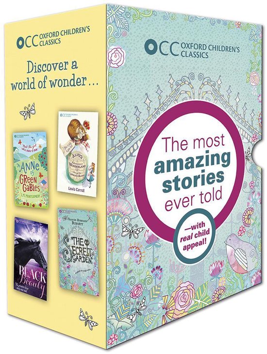 Box met Oxford Children's Classics boeken 'The most amazing stories ever told'. De voorkant toont miniaturen van 'Anne of Green Gables', 'Alice's Adventures in Wonderland', 'Black Beauty' en 'The Secret Garden'.