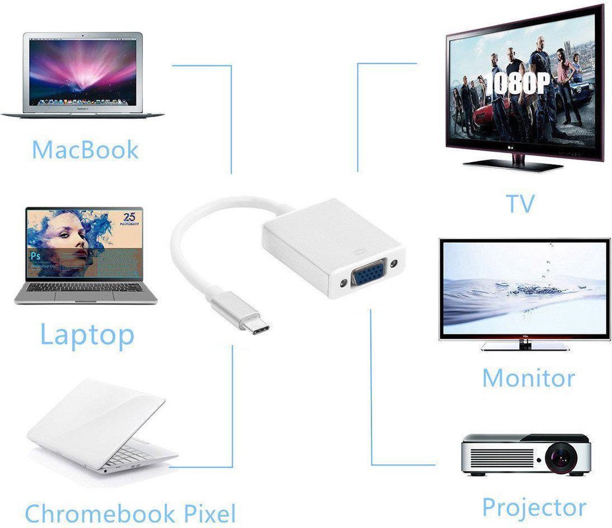 USB-C naar VGA adapter kabel 17cm, male naar female, plug & play, hoge kwaliteit, voor Macbook, Chromebook, Acer, Dell, HP, Lenovo - Afbeelding 2