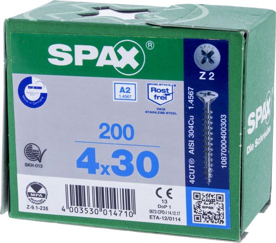 Spax Spaanplaatschroef RVS PK 4.0 x 30 (200) - 200 stuks - Spax