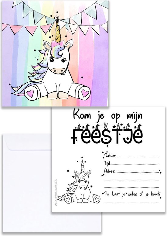 Uitnodiging Kinderfeestje Eenhoorn - Unicorn - Kinder - Regenboog - 10 stuks