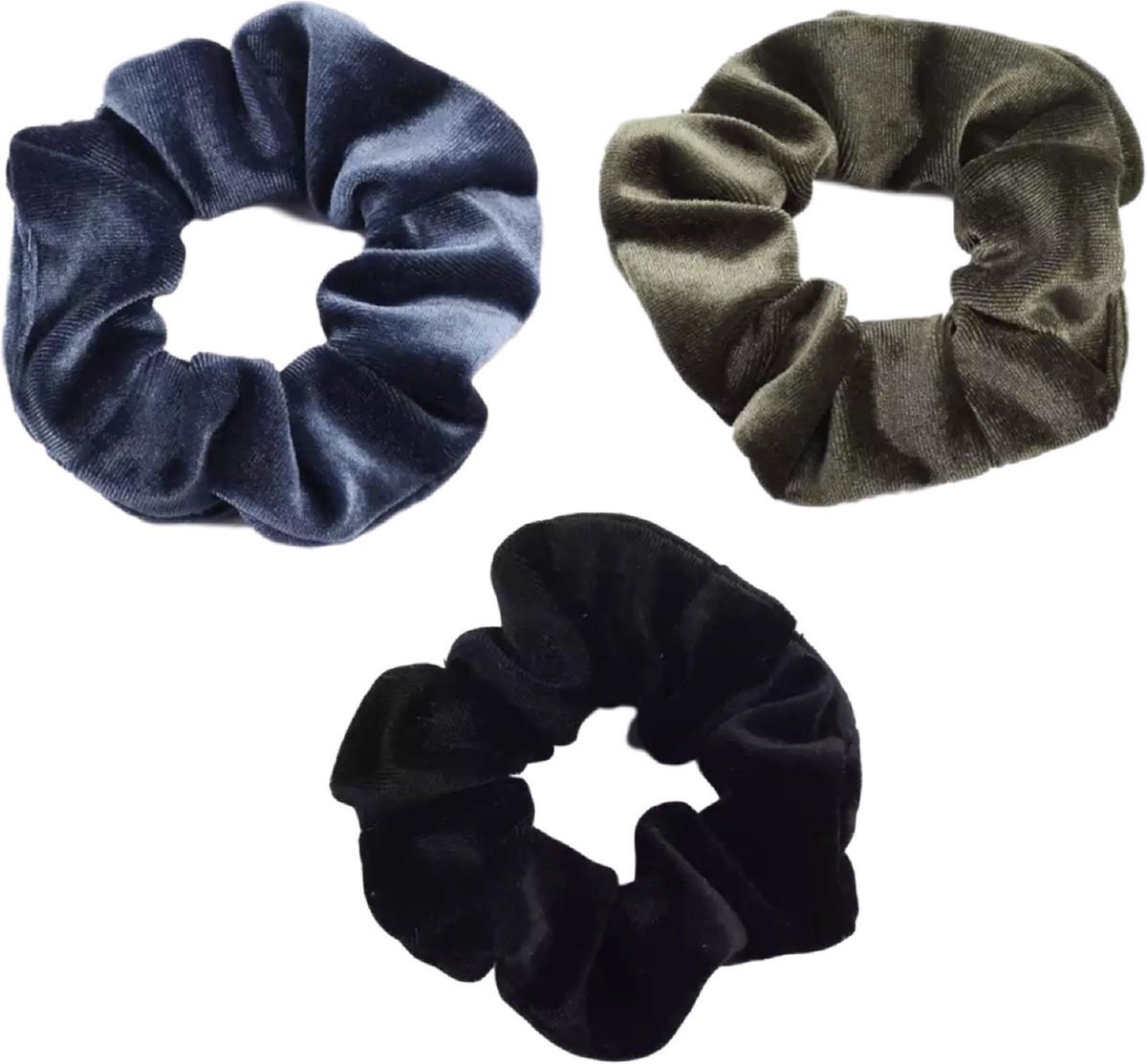 Scrunchie 3 stuks Velvet Extra Vol en Luxe - haarelastiek haarwokkel scrunchies - blauwgrijs - groen - zwart - Kraagjeskopen.nl