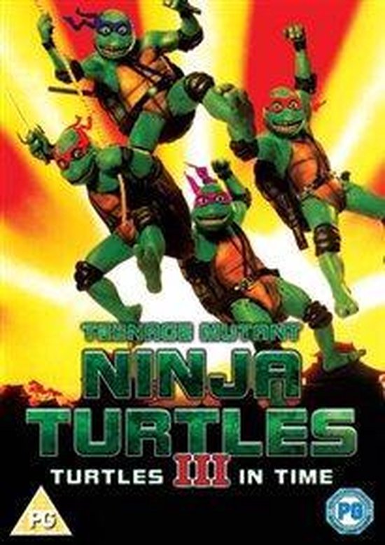 Vier ninja schildpadden met wapens, zwevend tegen een gele en oranje achtergrond, filmtitel bovenaan.