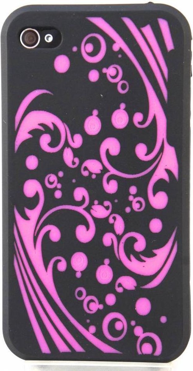Zacht rubberen zwarte backcase met roze krullen voor iPhone 4 en 4S