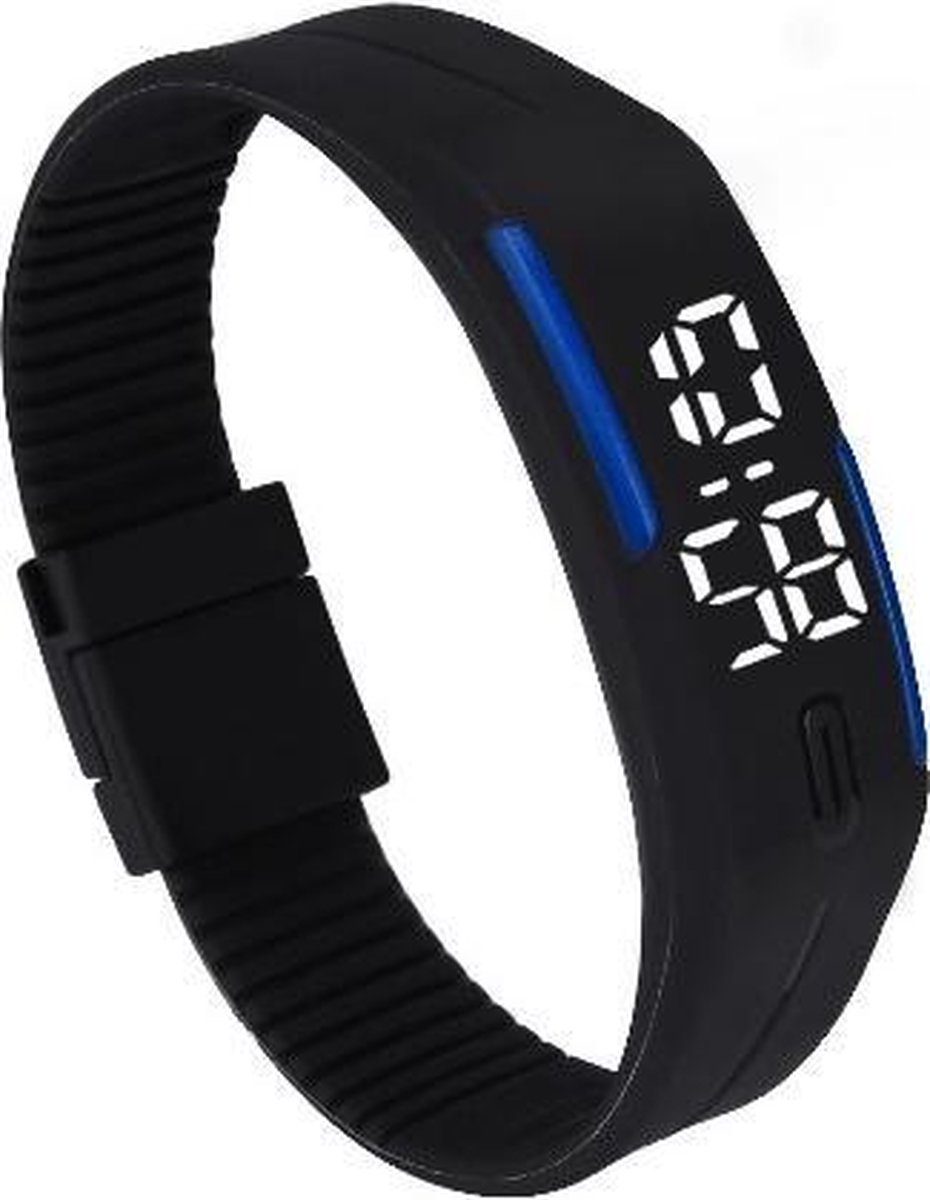 LED Horloge GADGET (valt groot) Kinderen Tieners - Rubber - 20 mm - Zwart- blauw - geschikt vanaf 12 jaar - I-deLuxe verpakking