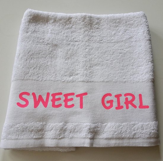 Witte handdoek met tekst knalroze, Sweet Girl