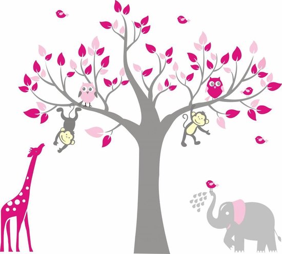 Muursticker boom aapjes uiltjes giraffe en olifantje - babykamer - kinderkamer