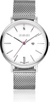 Zinzi Retro horloge witte wijzerplaat stalen kast zilvergekleurd stalen mesh band zilvergekleurd 38mm extra dun ZIW406M