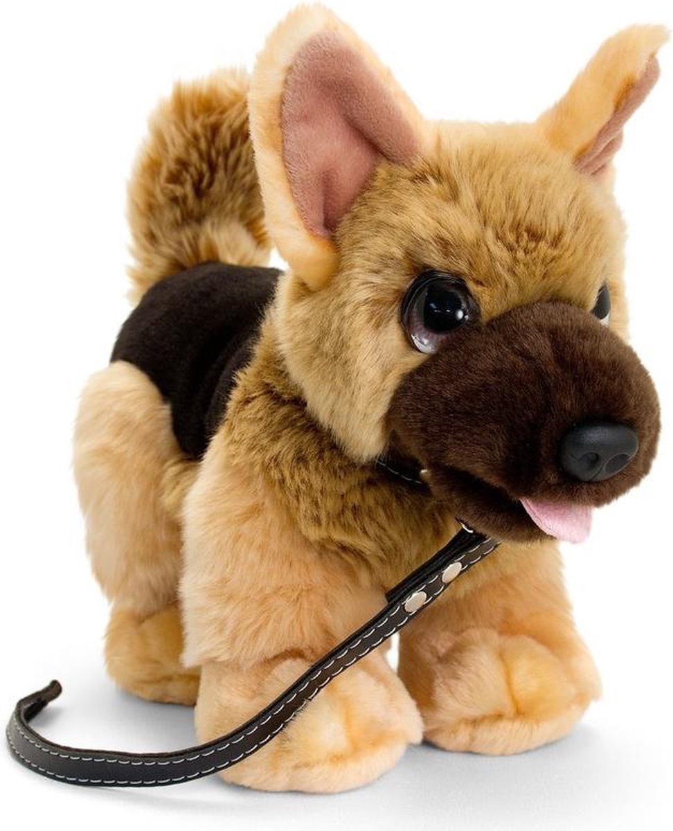 Keel Toys pluche Herdershond aan riem bruin honden knuffel 30 cm - Honden knuffeldieren - Speelgoed voor kind - Keel Toys
