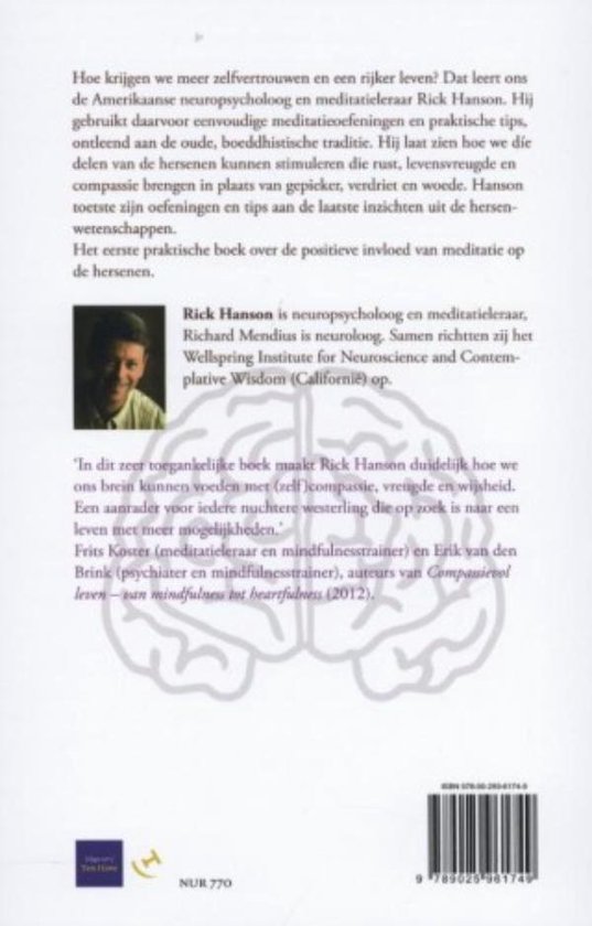 Achterkant boek 'Boeddha's brein' met tekst over Rick Hanson, Richard Mendius, en mindfulness. Illustratie van een brein.