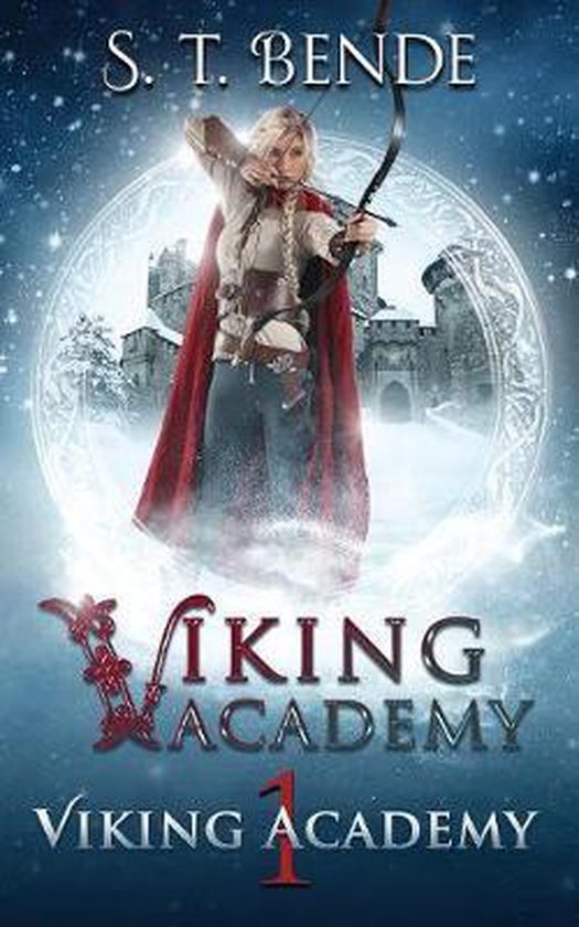 Viking Academy 1: een blond meisje met pijl en boog, met rode cape, voor een kasteel.