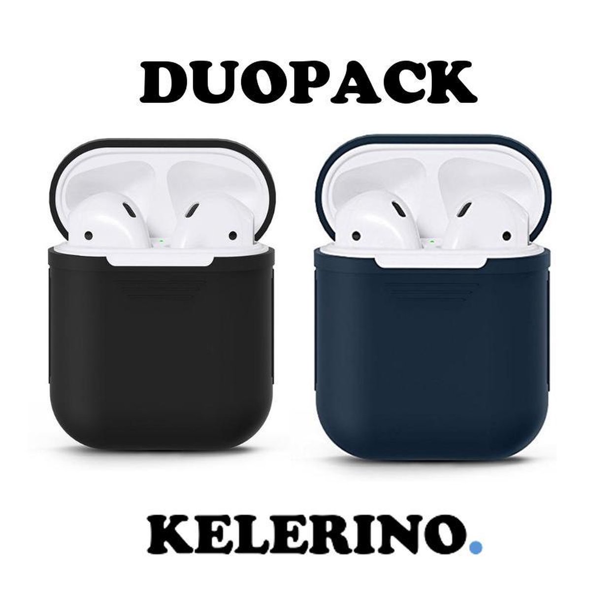 KELERINO. Siliconen hoesje geschikt voor Apple Airpods 1 & 2 - Duopack - Zwart / Donker Blauw