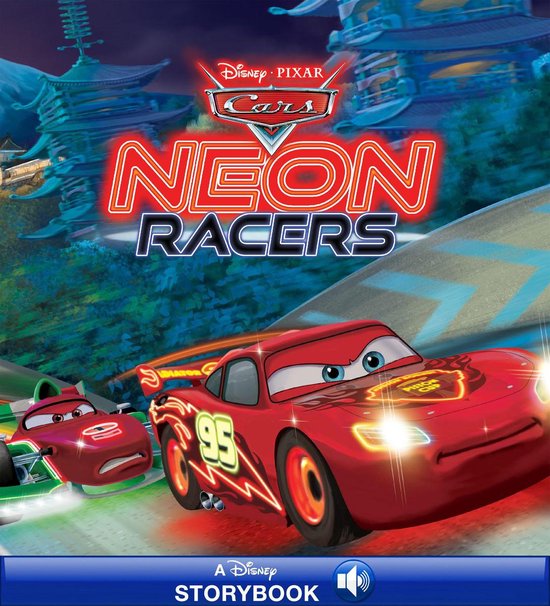 Livre d'histoires Disney Pixar Cars Neon Racers montrant Flash McQueen dans une course néon face à un concurrent.
