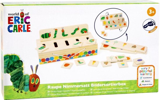 Verpakking van de Rupsje Nooitgenoeg Afbeeldingen Sorteerbox met de rups en de box, speelgoed en sorteerplaten.