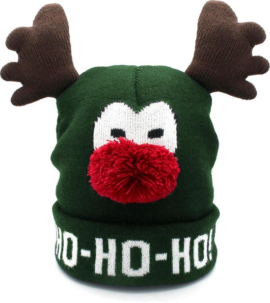 JAP Kerstmuts - Muts met hoorntjes - Rudolf - Ho ho ho - Groen