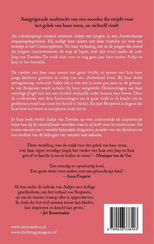 Boekcover van 'Om wie je bent' van Aaltje van Zweden. Bevat tekst en een barcode.
