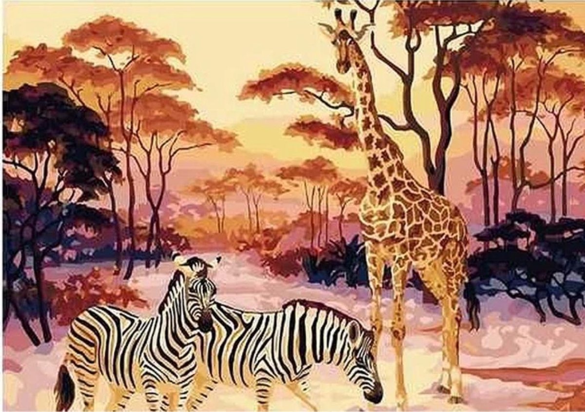 2.0 Products - Dieren - Landschap - Schilderen op nummer volwassenen - Paint by number - 40 x 50 CM - Giraffe - Giraf - Zebra - Afrika