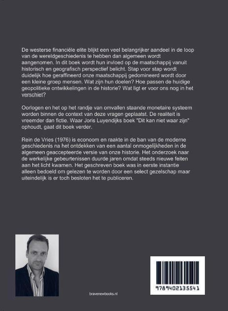 Achterkant boek met tekst en een foto van Rein de Vries.