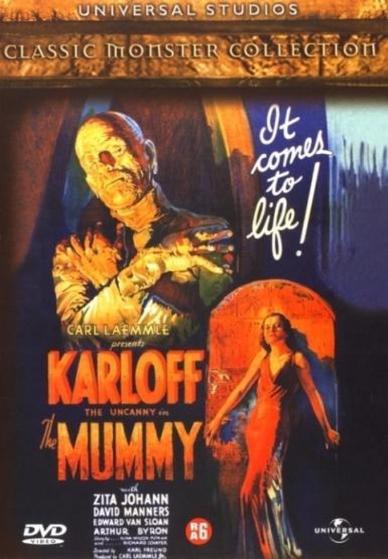 DVD-hoes van 'The Mummy' met Karloff als de mummie en een vrouw in een rode jurk. De tekst 'It comes to life!' is zichtbaar.