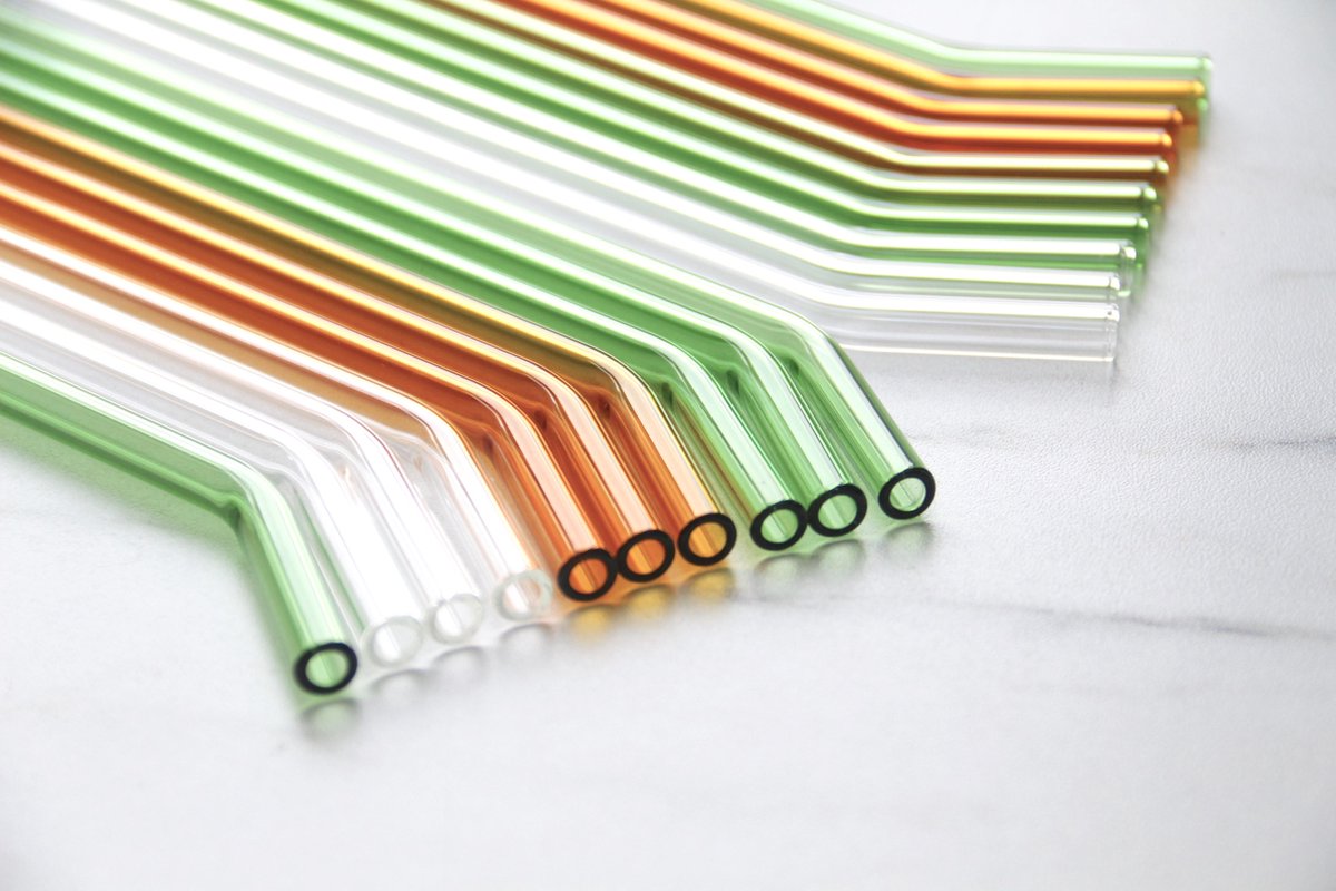 Happy Straw Super Sterk HERBRUIKBARE Glazen Rietjes (diverse kleuren) x 10 - incl. schoonmaak borstel