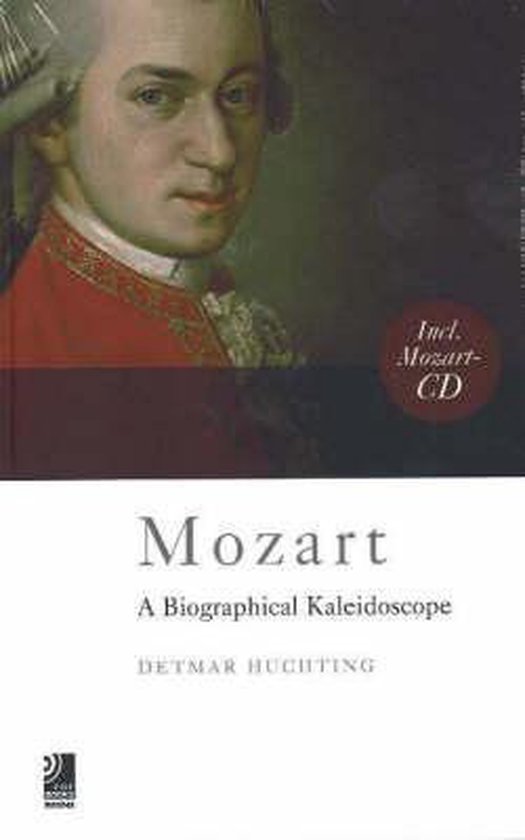 Boekomslag met schilderij van Mozart in rode jas, met tekst "Incl. Mozart-CD".
