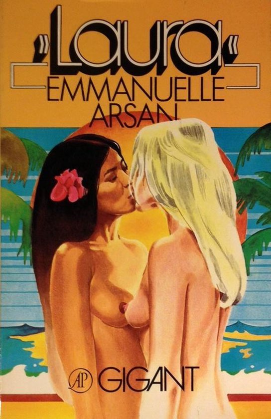 Boek 'Laura' van Emmanuelle Arsan met twee vrouwen die elkaar kussen, strand op de achtergrond.