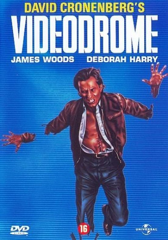 Videodrome poster met James Woods in een bruine jas, uitrekkend naar twee handen. "DAVID CRONENBERG'S VIDEODROME" staat bovenaan.