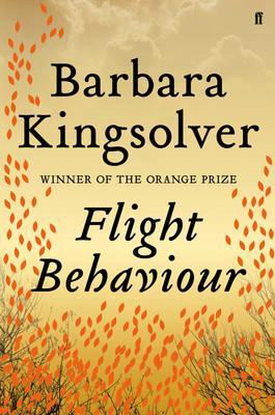 Boek "Flight Behaviour" van Barbara Kingsolver, winnaar van de Orange Prize. Gouden achtergrond met takken en oranje bladeren.