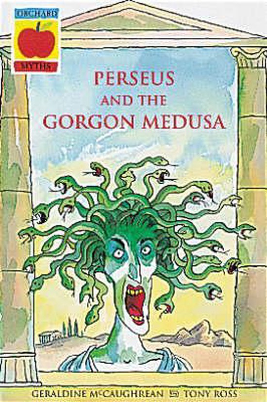 Boek 'Perseus en de Gorgon Medusa' met een illustratie van Medusa's hoofd met slangenhaar.
