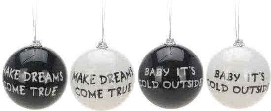 Set 2 kerstballen met tekst zwart/ wit