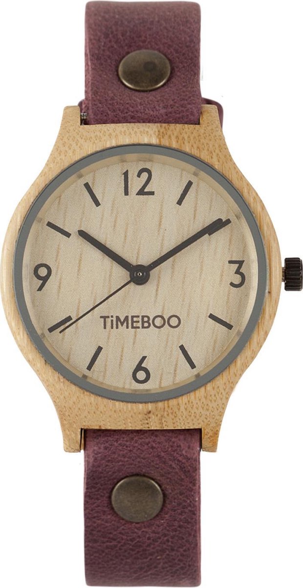 Dames horloge bamboe hout | Twist aubergine leren band | TiMEBOO ®