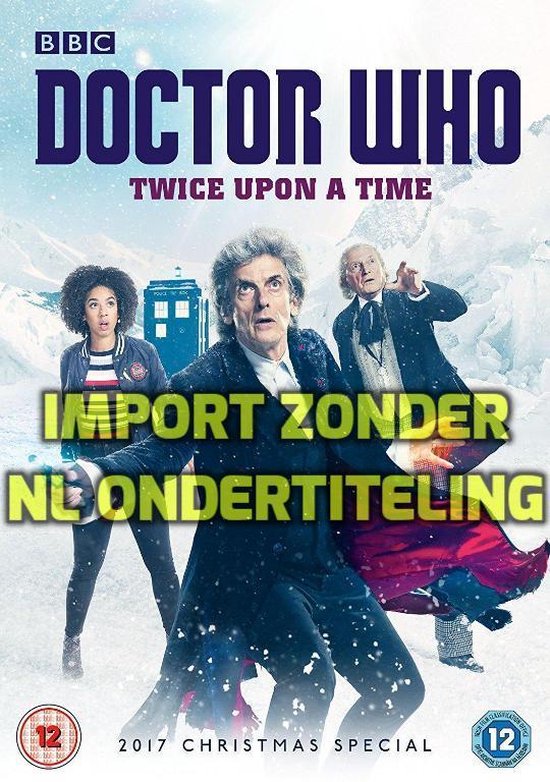 Dvd-hoes van Doctor Who: Twice Upon A Time met de Doctor (Peter Capaldi), Bill Potts en de Eerste Doctor (William Hartnell) in een winterse omgeving.