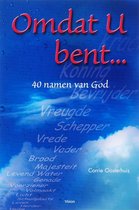 Boekomslag met blauwe, waterdruppel-achtige achtergrond en wolkjes. Rode tekst 'Omdat U bent...' en '40 namen van God'. Witte opsomming van namen Gods.