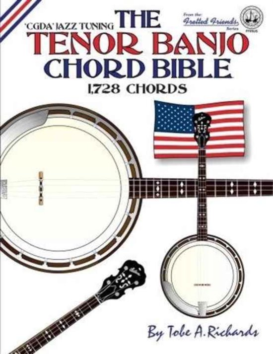 De cover van 'The Tenor Banjo Chord Bible' met een banjo, 1728 akkoorden, CGDA stemming en de Amerikaanse vlag.