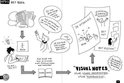 Twee pagina's uit een boek met de titel 'HFD1 HET BOEK'. De linkerpagina vergelijkt tekst met beelden. De rechterpagina toont 'DE UITDAGING' en 'VISUAL NOTES'.