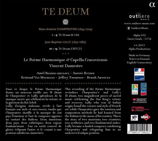 Cd-hoes met gouden letters, met 'Te Deum' en 'Outhere Music'. De achterkant bevat tekst en logo's.