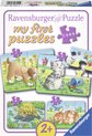 Ravensburger 'My First Puzzles' doos met vier kinderpuzzels: hond, kat, schildpad en konijn.