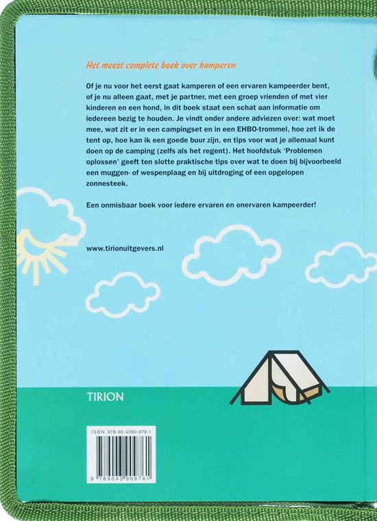 Een lichtblauwe kaft met de titel 'Het meest complete boek over kamperen'. Illustraties van zon, wolken en een tent. ISBN 978-90-4390-976-1.